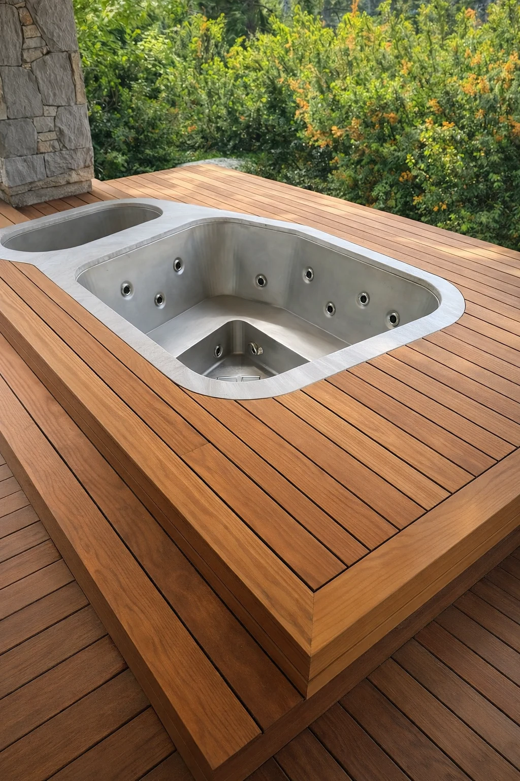 Custom wood decking detailed around an inset stainless steel spa