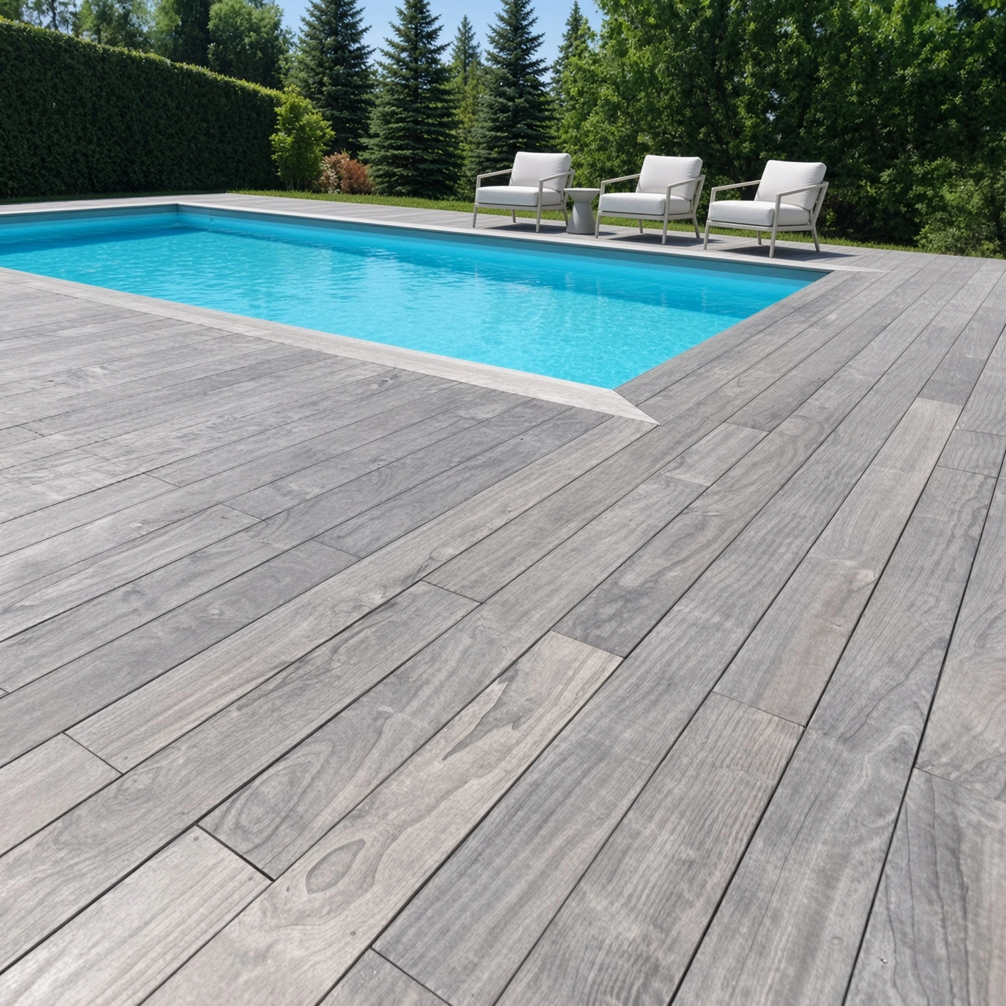 Grey wood pool decking overlooking a landscaped garden