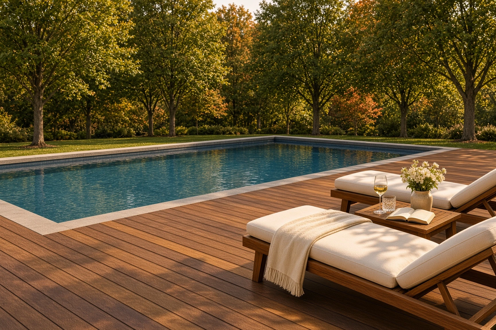 Ipe decking around a pool with cushioned loungers