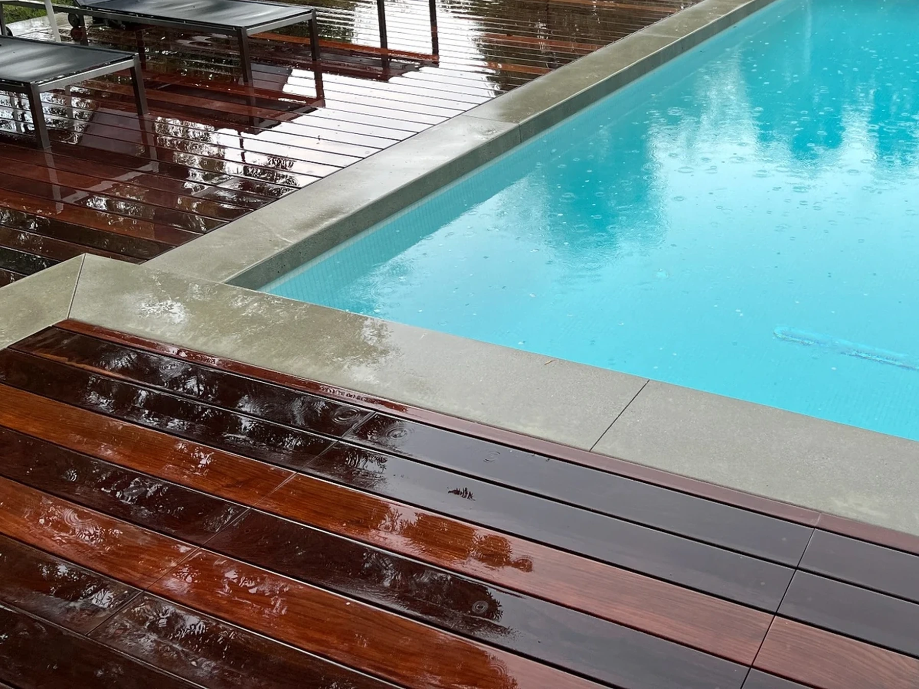 Pool surrounded by rich wood decking and landscaped gardens