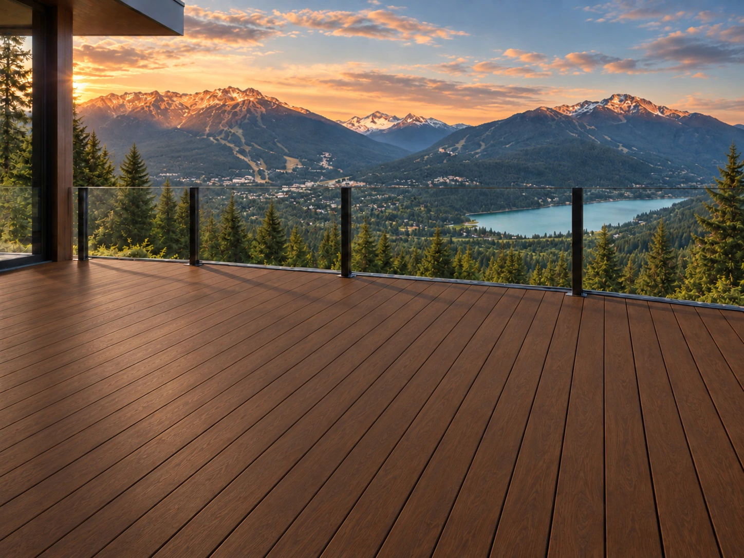 Thermally modified wood deck overlooking a lake and mountains