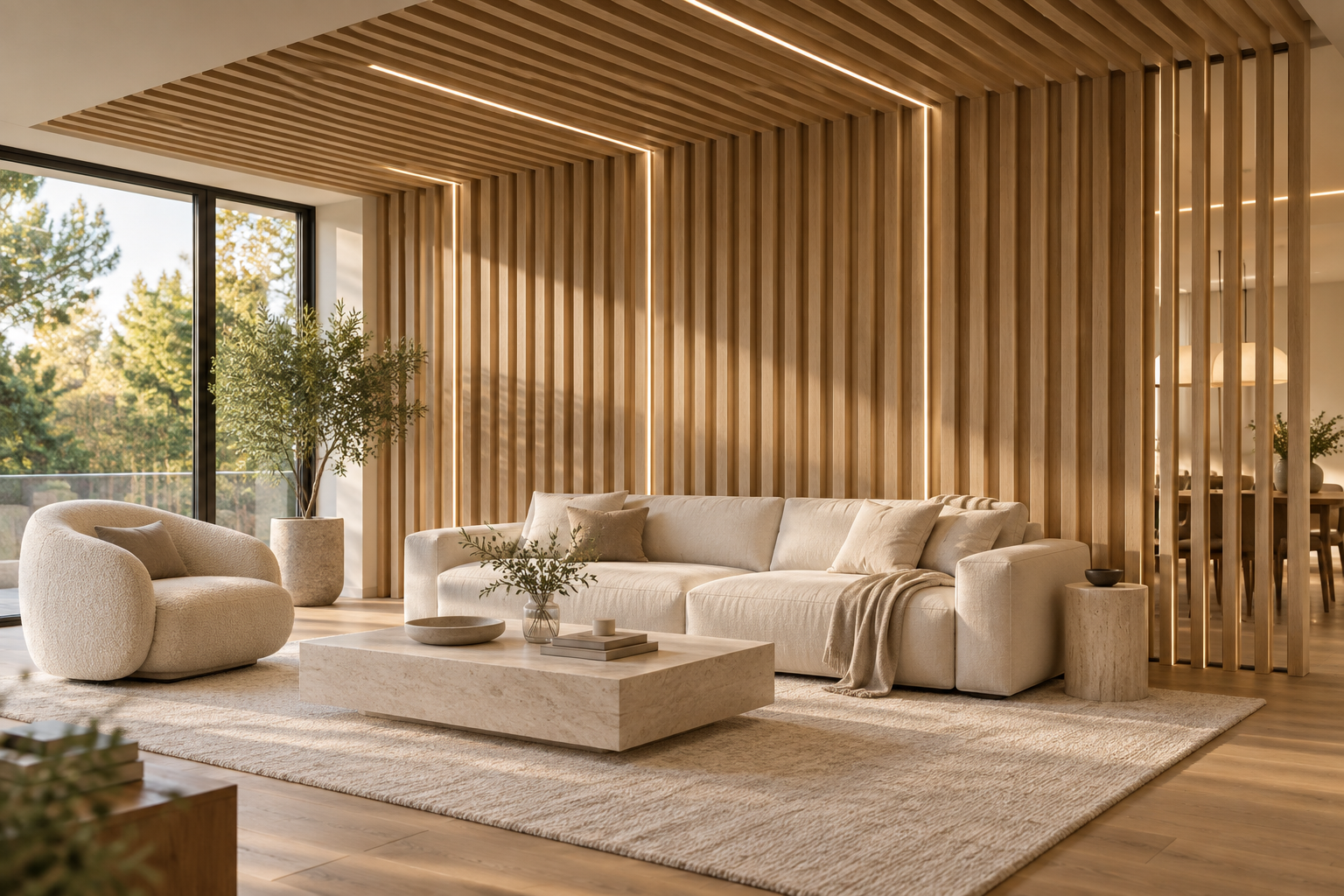 Wood louvers extending across a living room ceiling and down a partition wall