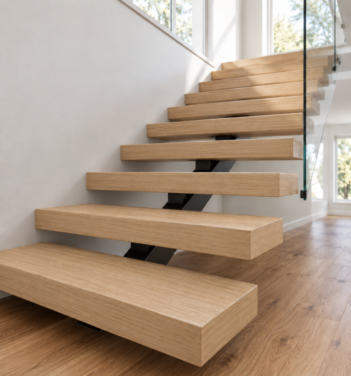 Engineered wood stair treads with a light oak appearance and glass balustrade