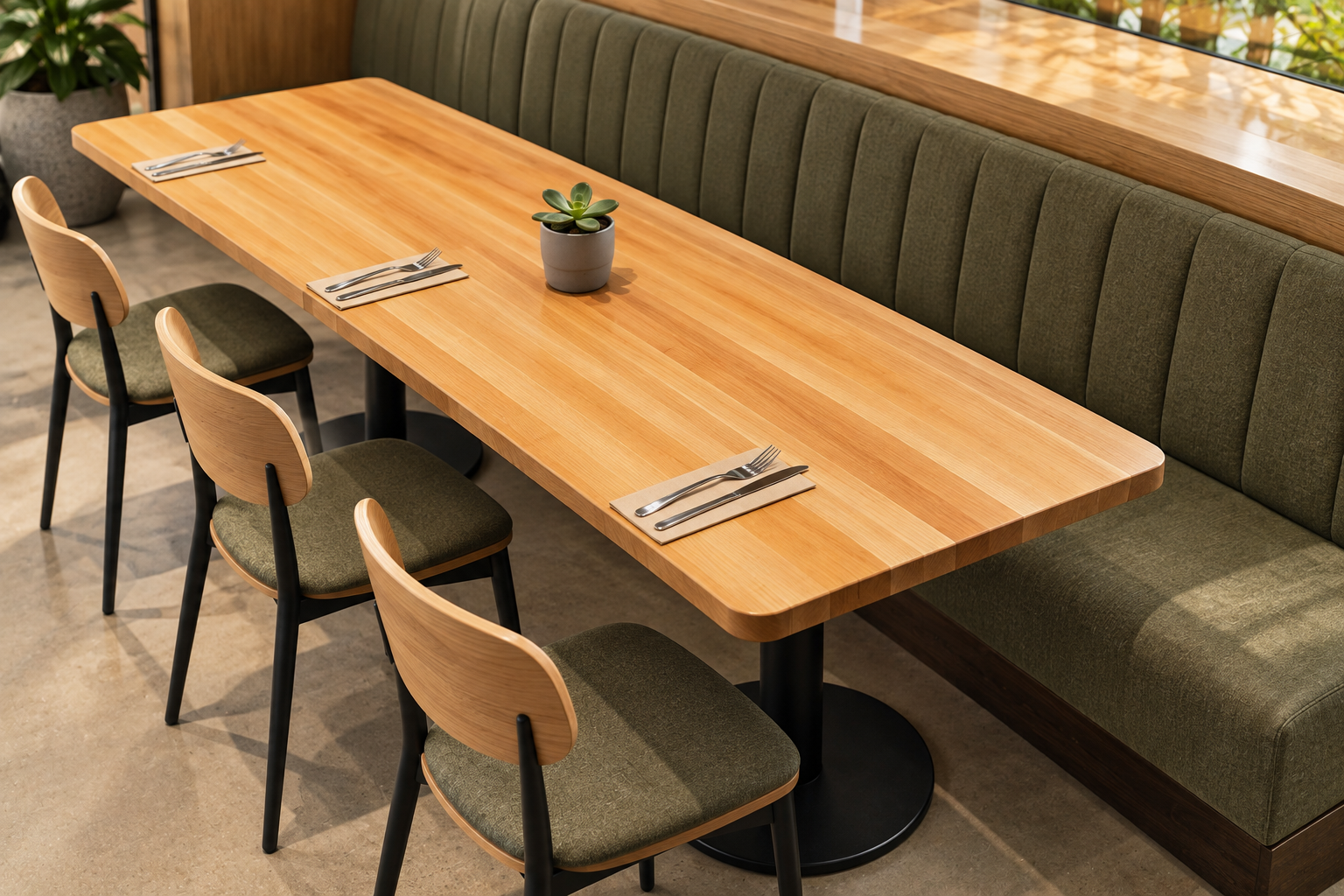 Laminated wood tabletop in a restaurant seating area