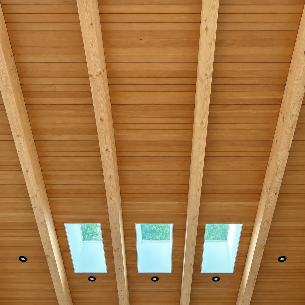 Wood ceiling with exposed beams and three skylights