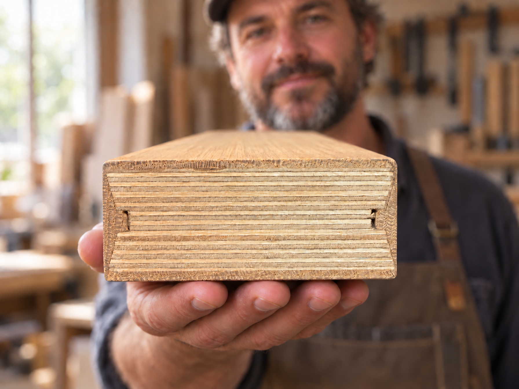 A craftsperson holding an engineered wood sample showing its plywood core and real wood faces