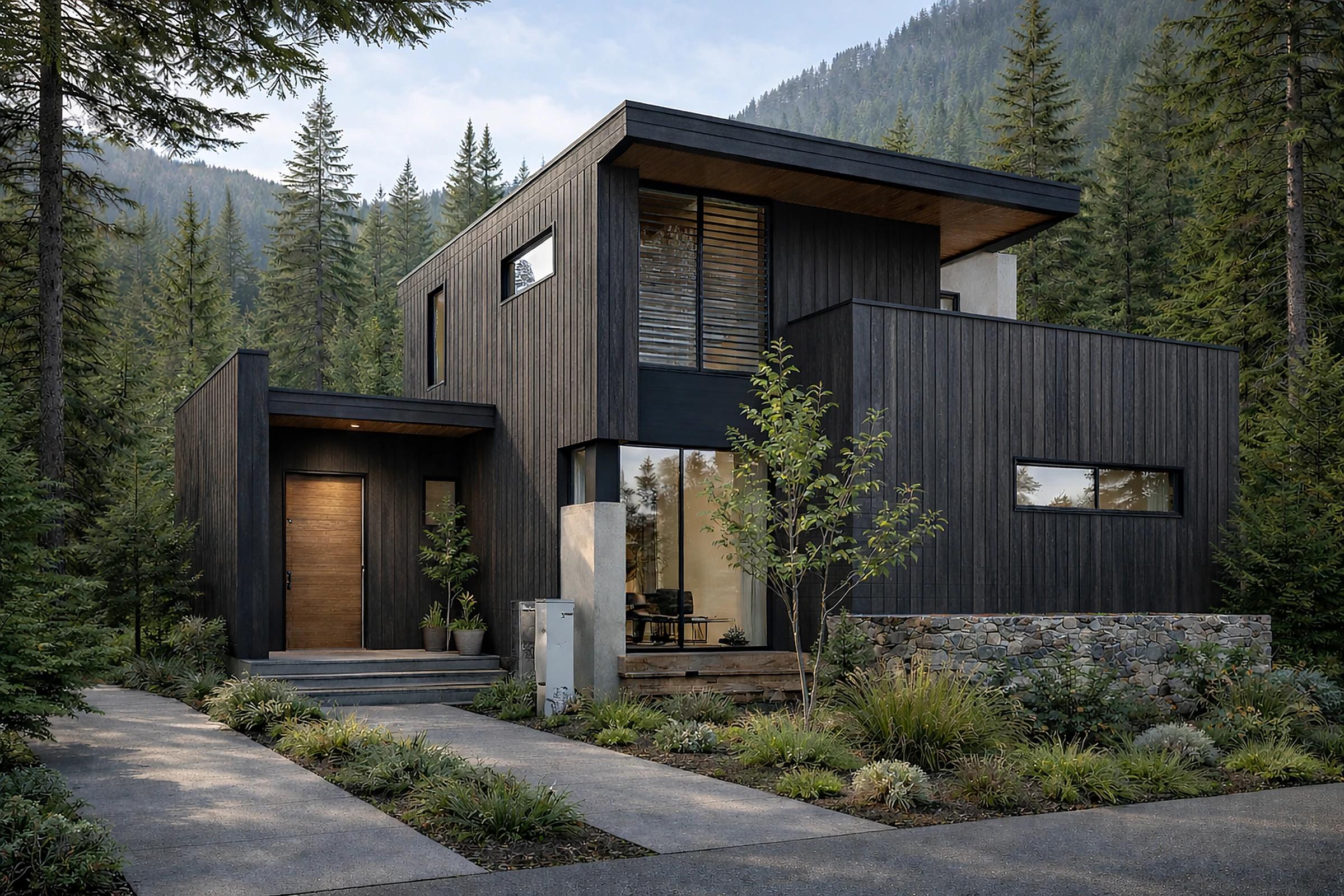 Modern black-clad home in a forest setting