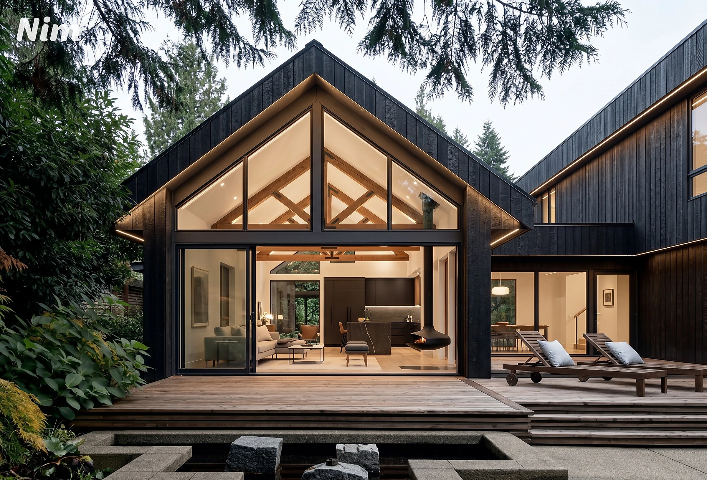Charred wood home with bright glass facade