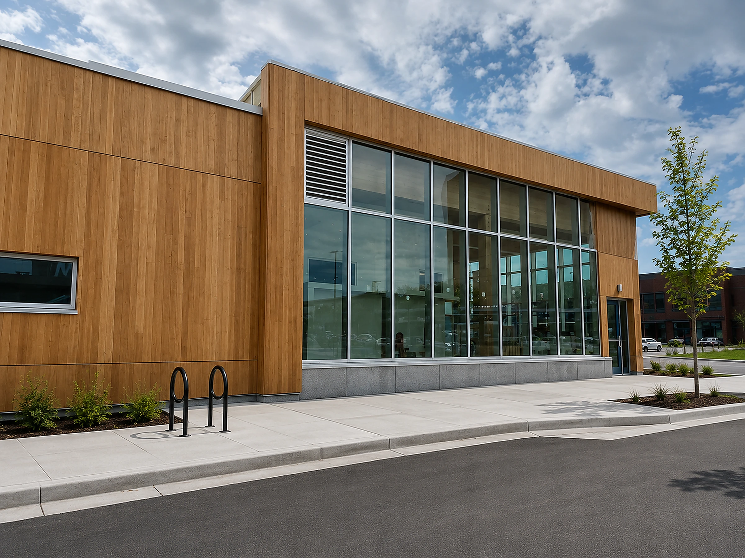 Commercial building with warm wood cladding