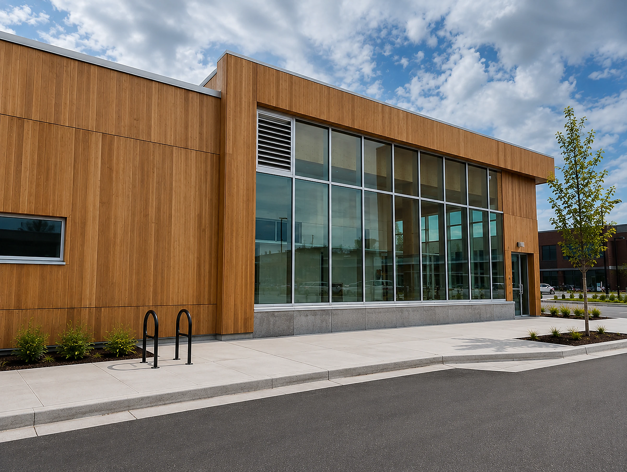 Front perspective of commercial wood-clad building