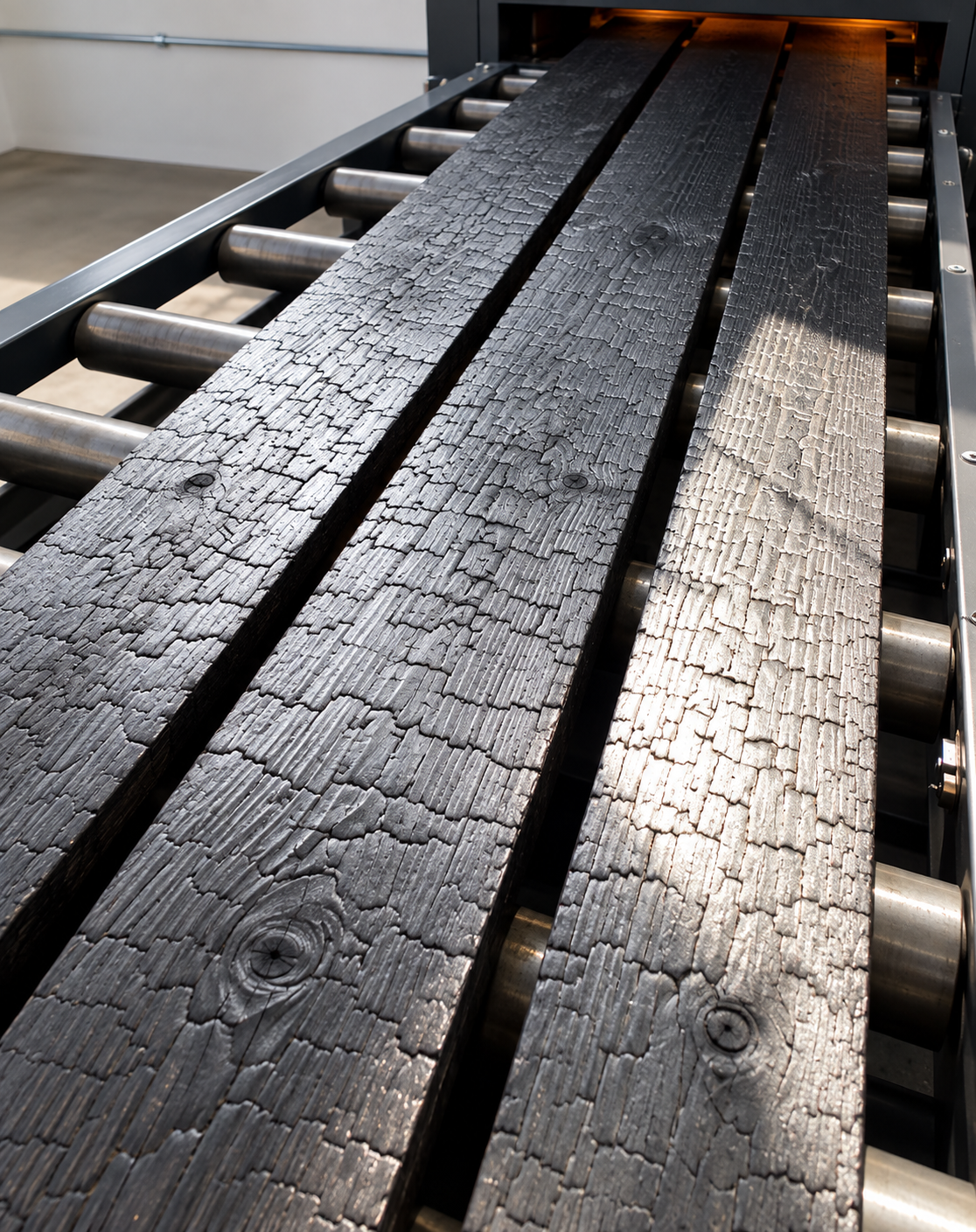 Charred wood boards on a charring line roller table