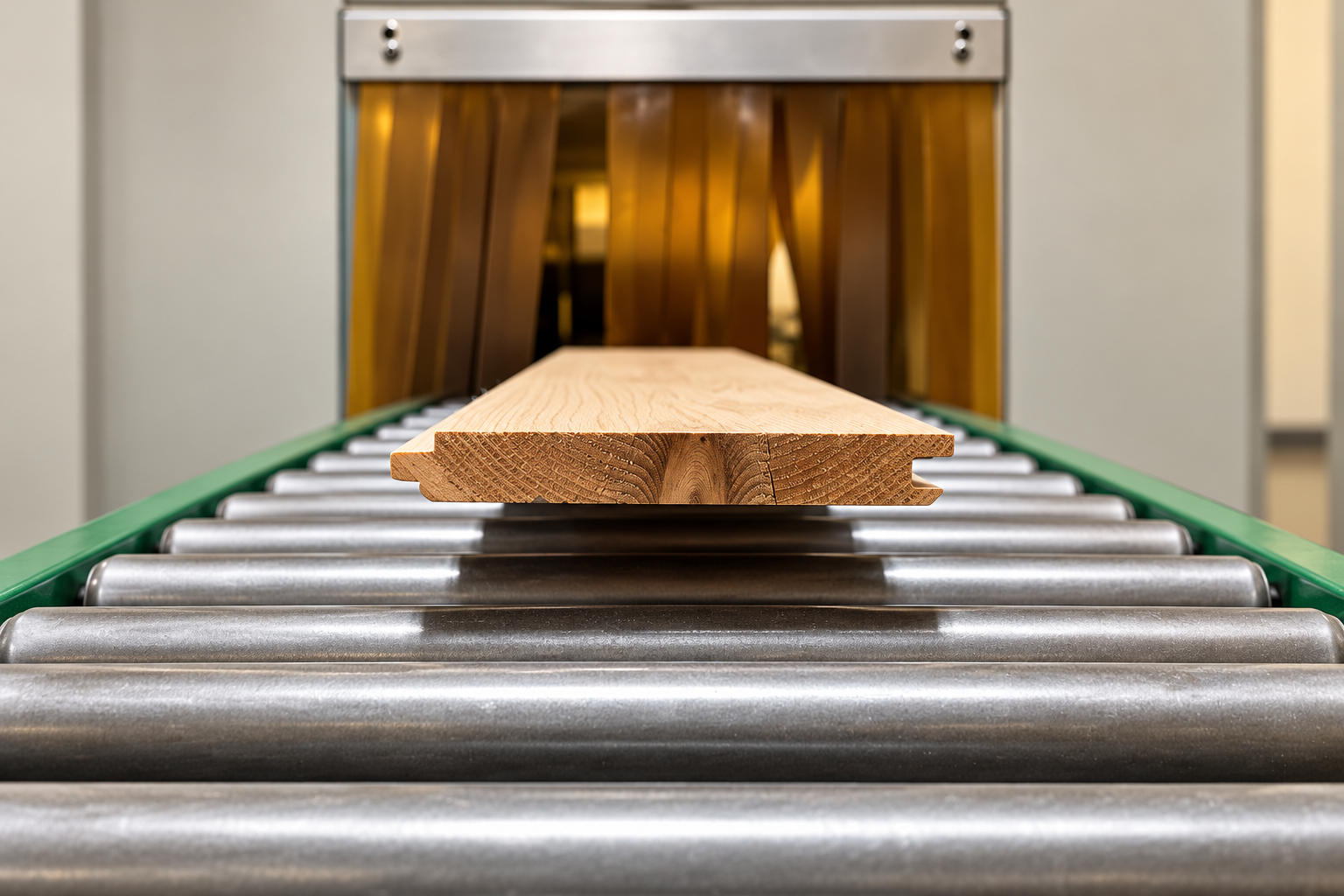 Tongue-and-groove wood board on a milling machine roller table