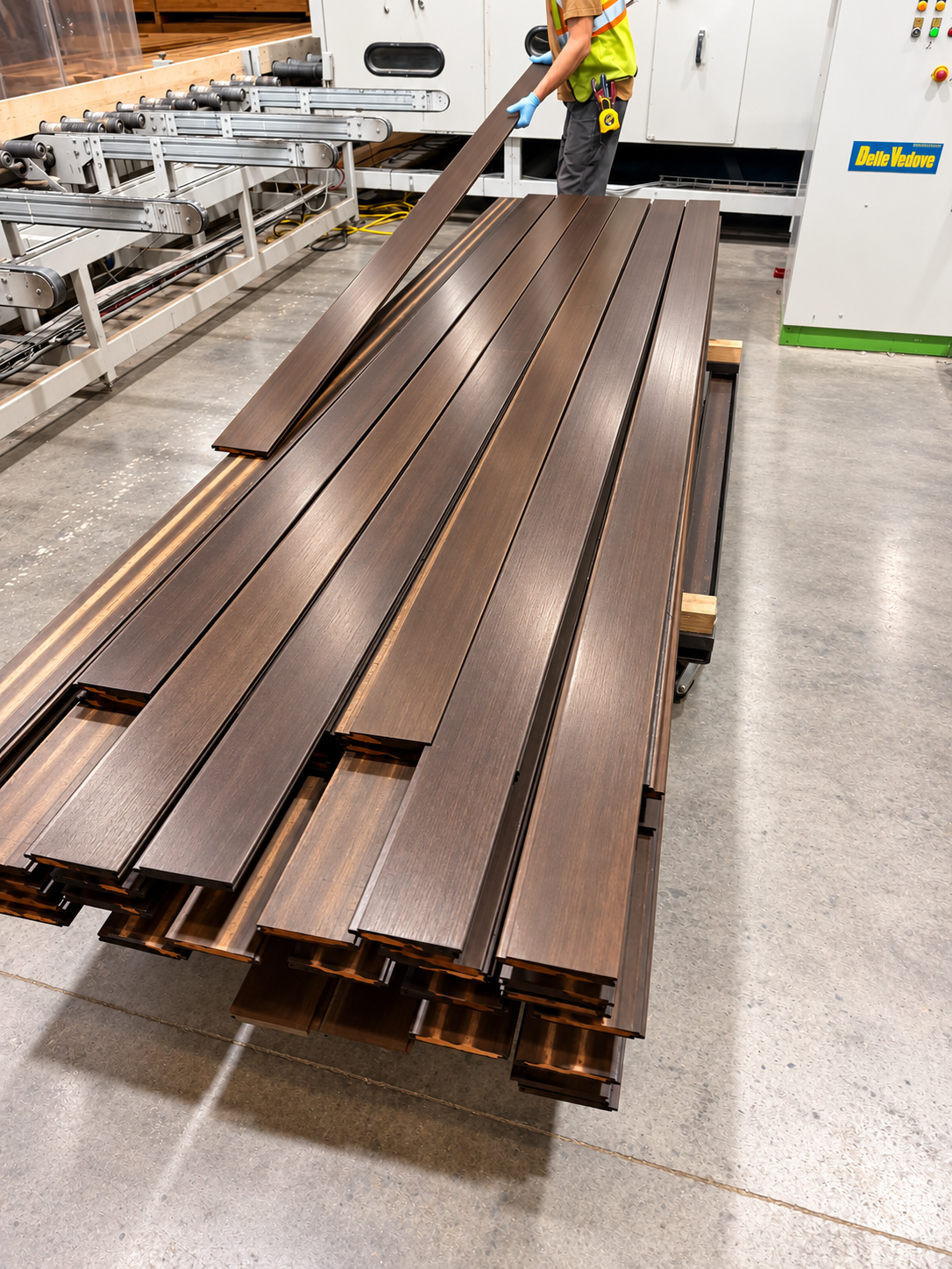 Finished wood boards beside the factory finishing line