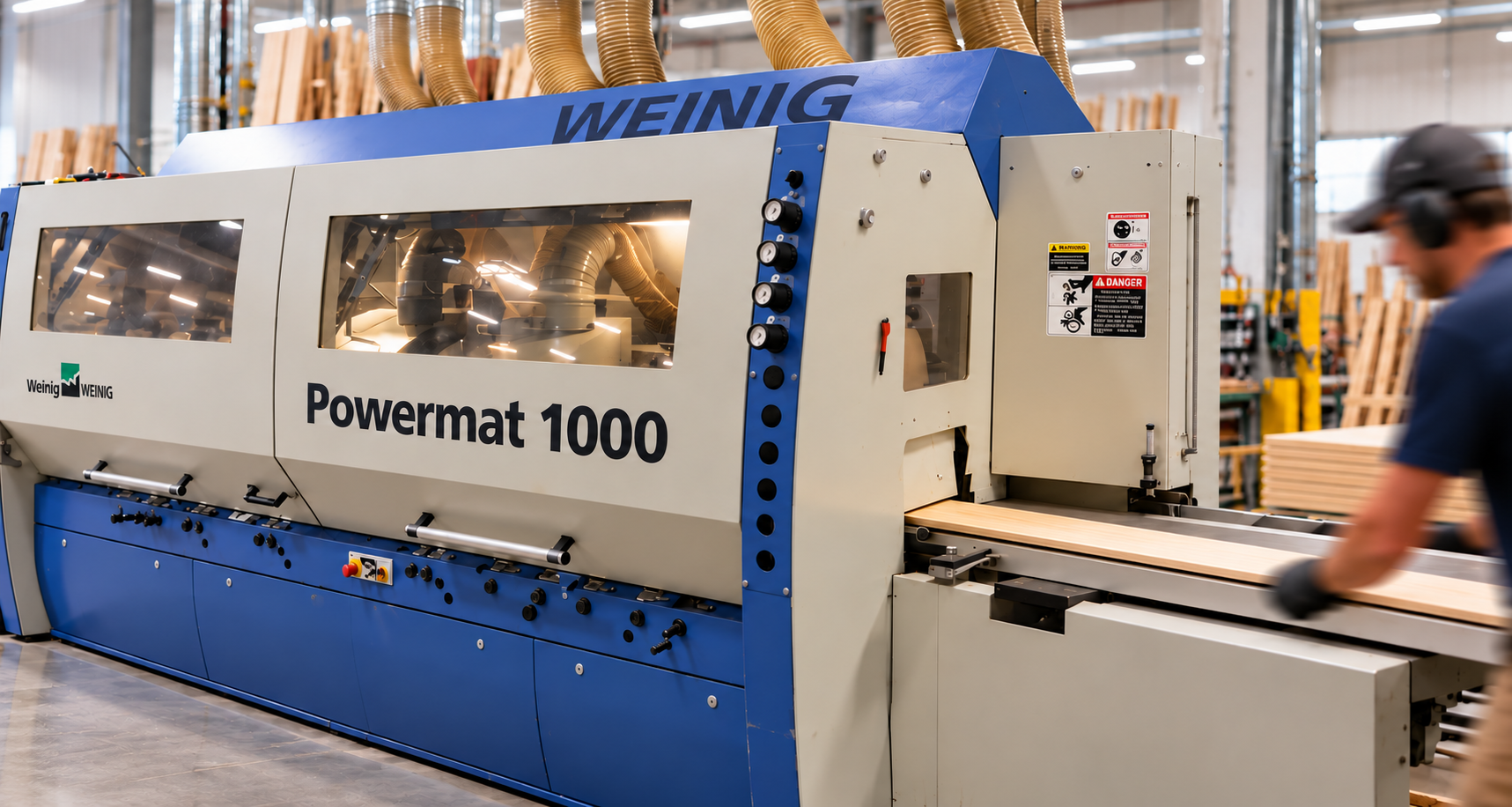 Weinig Powermat 1000 moulder with an operator feeding wood on the production floor