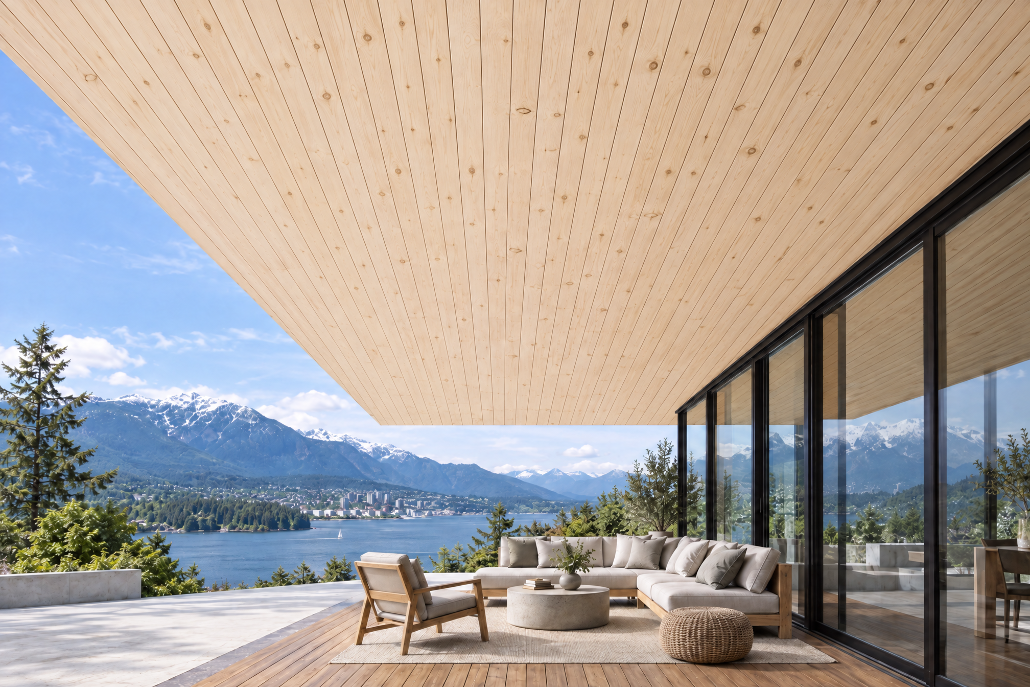 Natural SPF wood soffit above a patio overlooking a lake and mountains