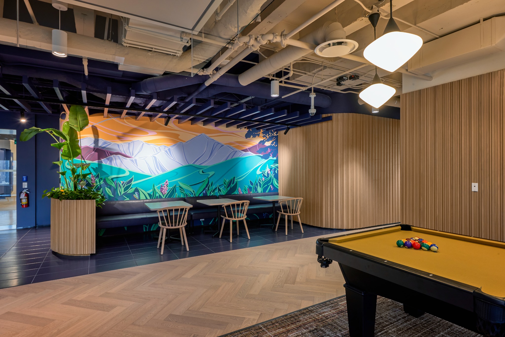 Dark wood Tambour slat ceiling installation